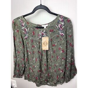 Mason & Belle Stitch Fix Olive Green Tunic Top Embroidered Lace Size Small